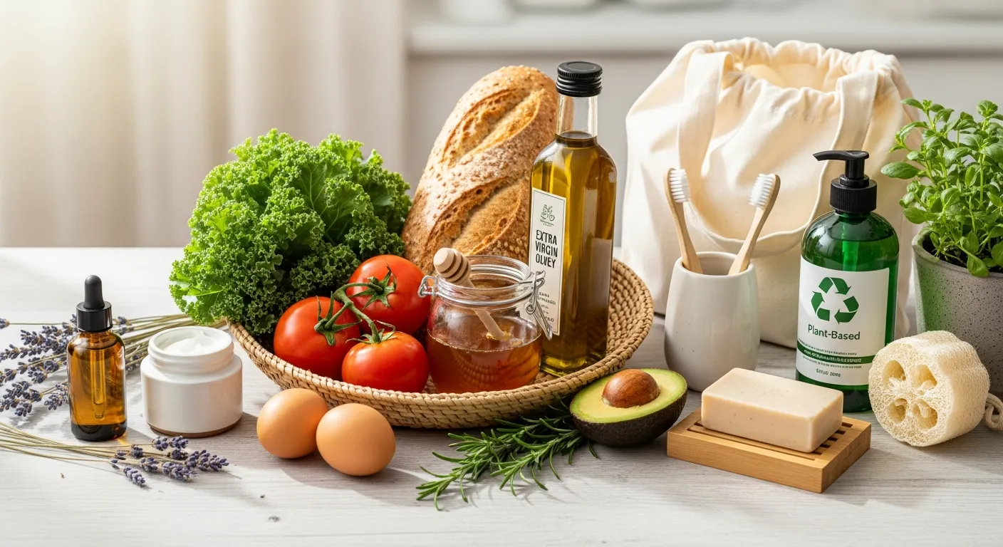 Collection of top organic products including food, skincare, and eco-friendly household items for a sustainable lifestyle