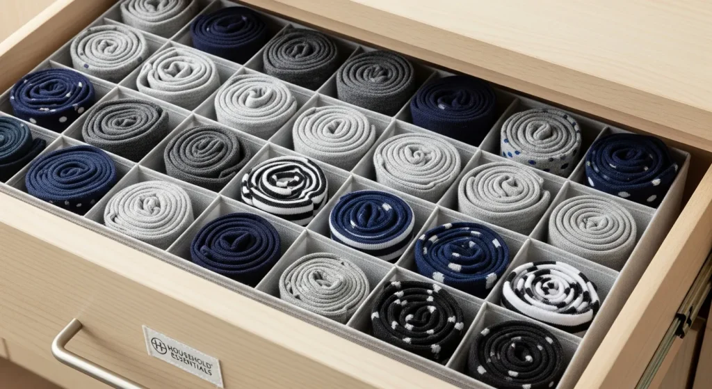 Neatly organized socks in a drawer using a household essentials sock organizer