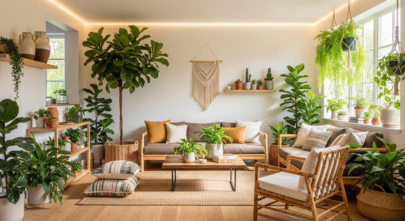 modern eco-friendly living room with plants, natural materials, and energy-efficient lighting