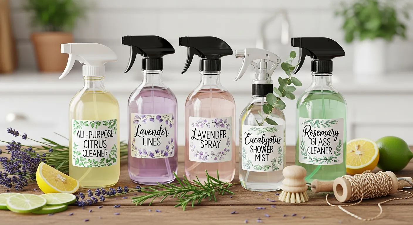 Glass spray bottles filled with homemade cleaning solutions on a wooden surface with labels and fresh herbs.
