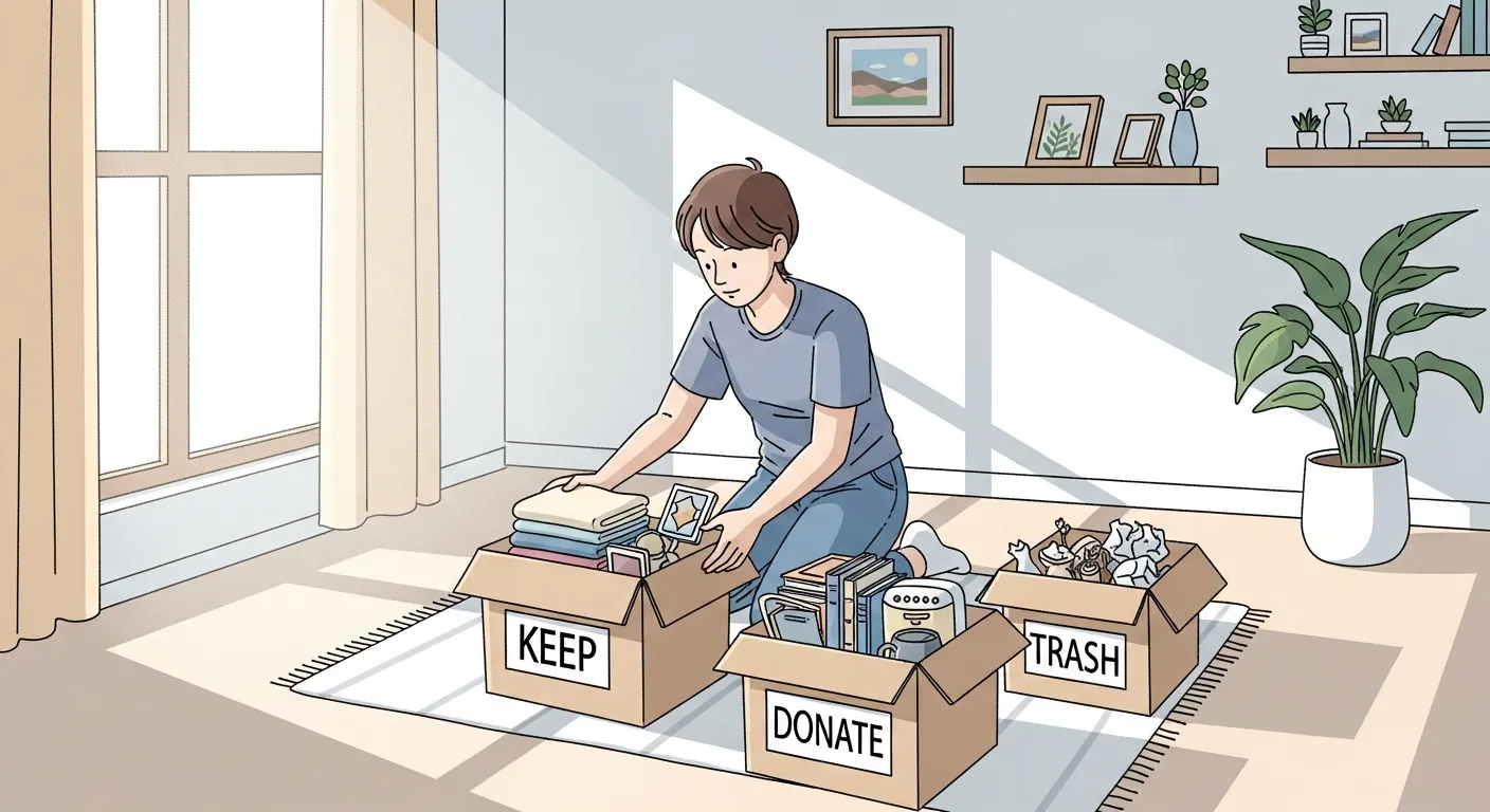 Person sorting household items into keep, donate, and trash boxes in a clean, bright room