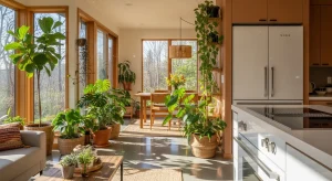 Sustainable home interior with indoor plants, natural lighting, and energy-efficient appliances creating an eco-friendly living space