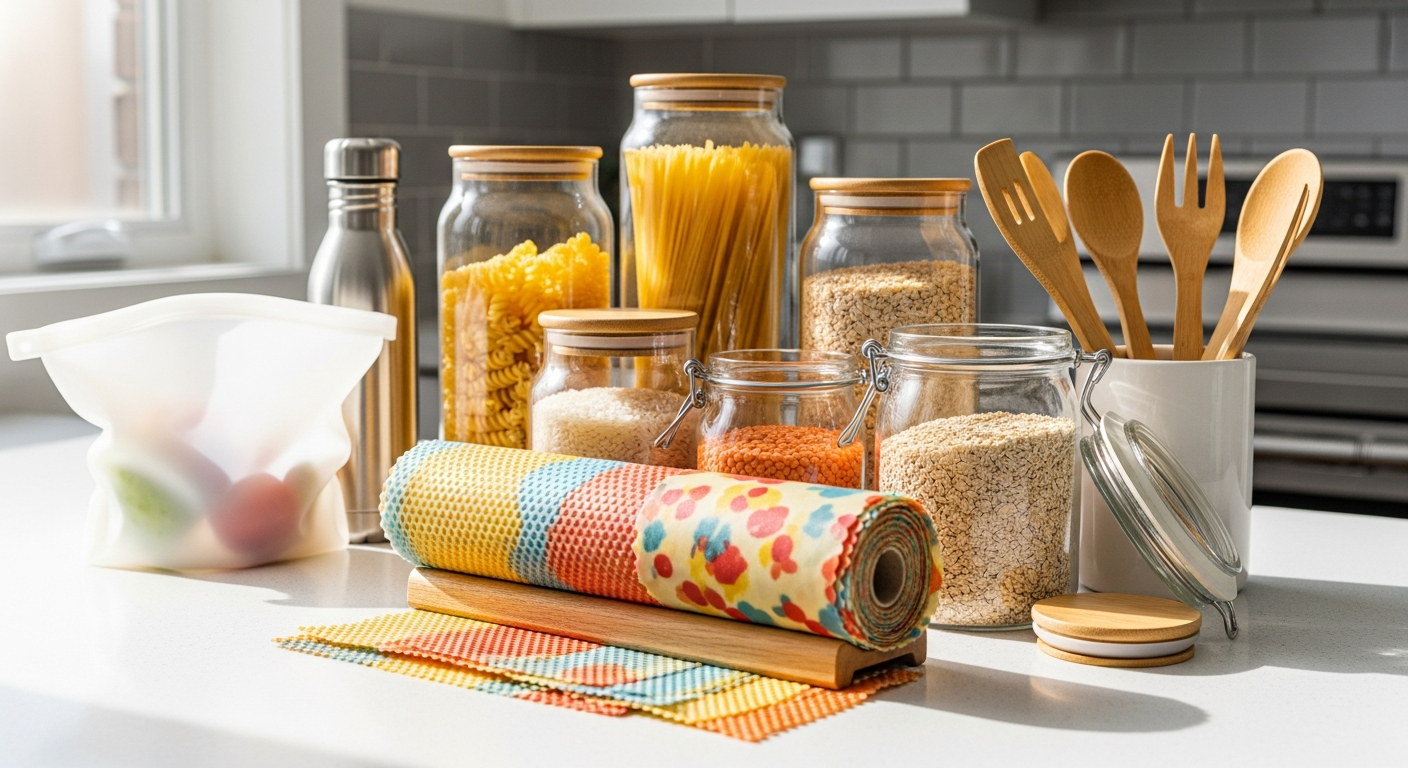 reusable kitchen products like beeswax wraps, glass jars, and bamboo utensils replacing plastic items