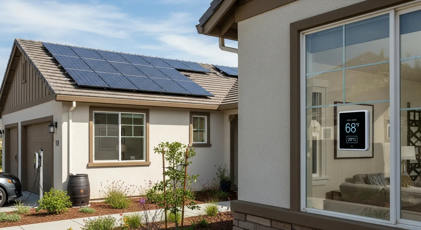 House with solar panels, smart thermostat, and energy-efficient systems reducing electricity usage and environmental impact