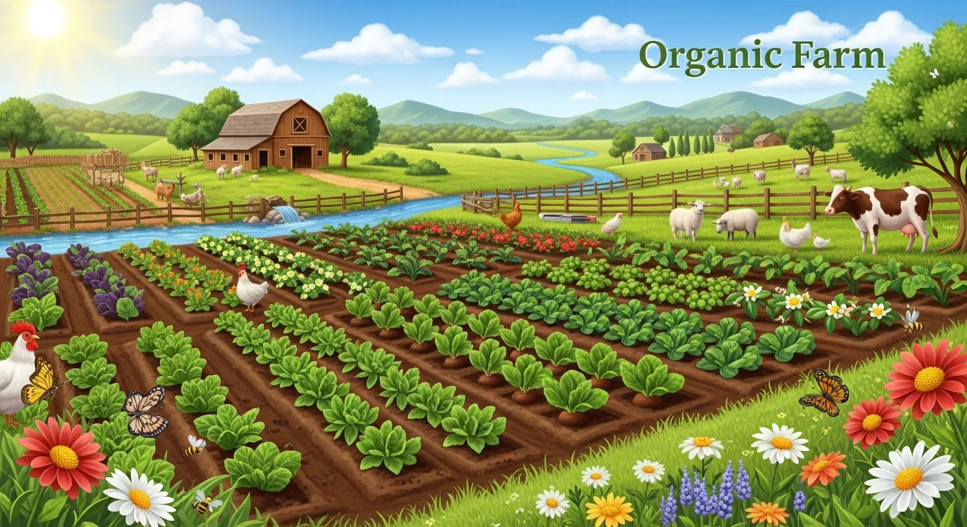 Eco-friendly organic farm with biodiversity, healthy soil, and sustainable agriculture practices supporting the environment
