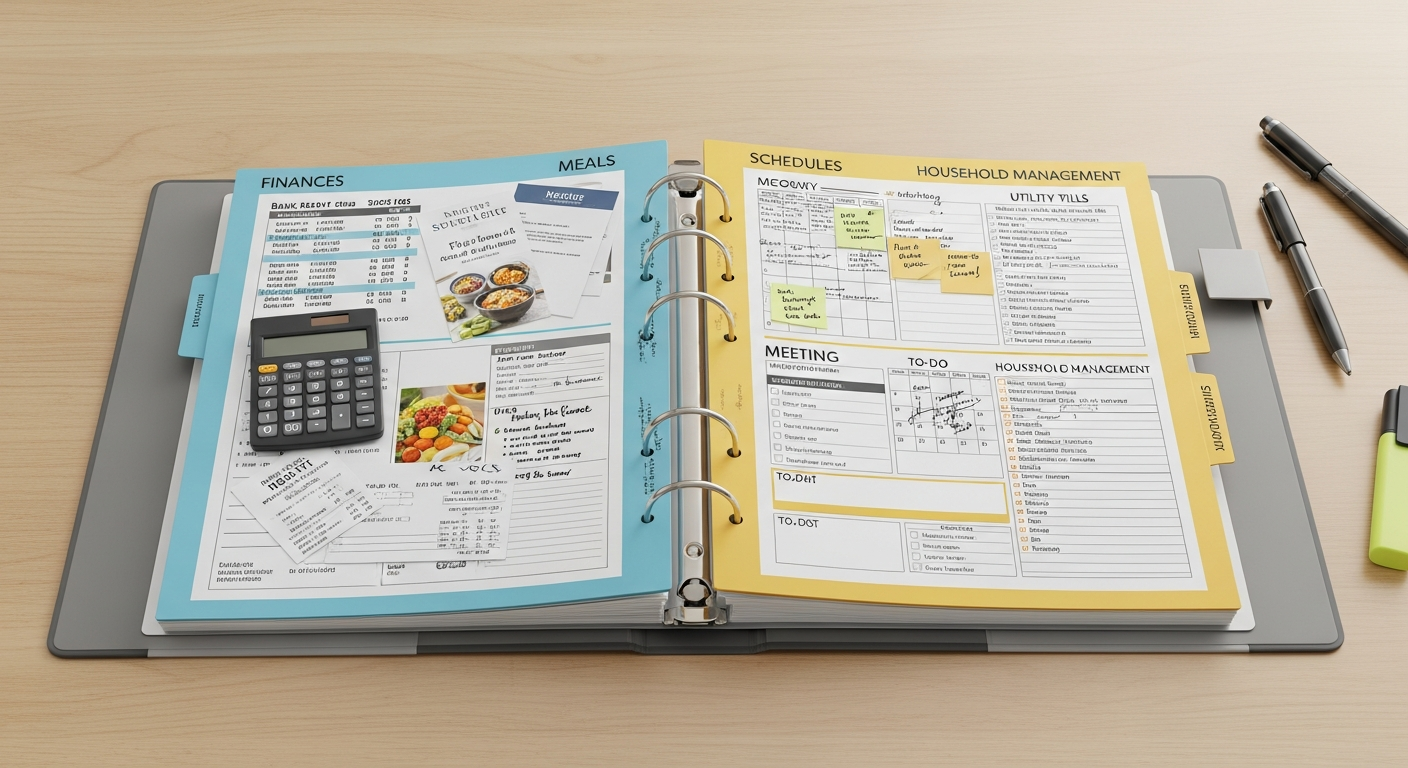 A well-organized binder showing clearly labeled sections for finances, meals, schedules, and household management.