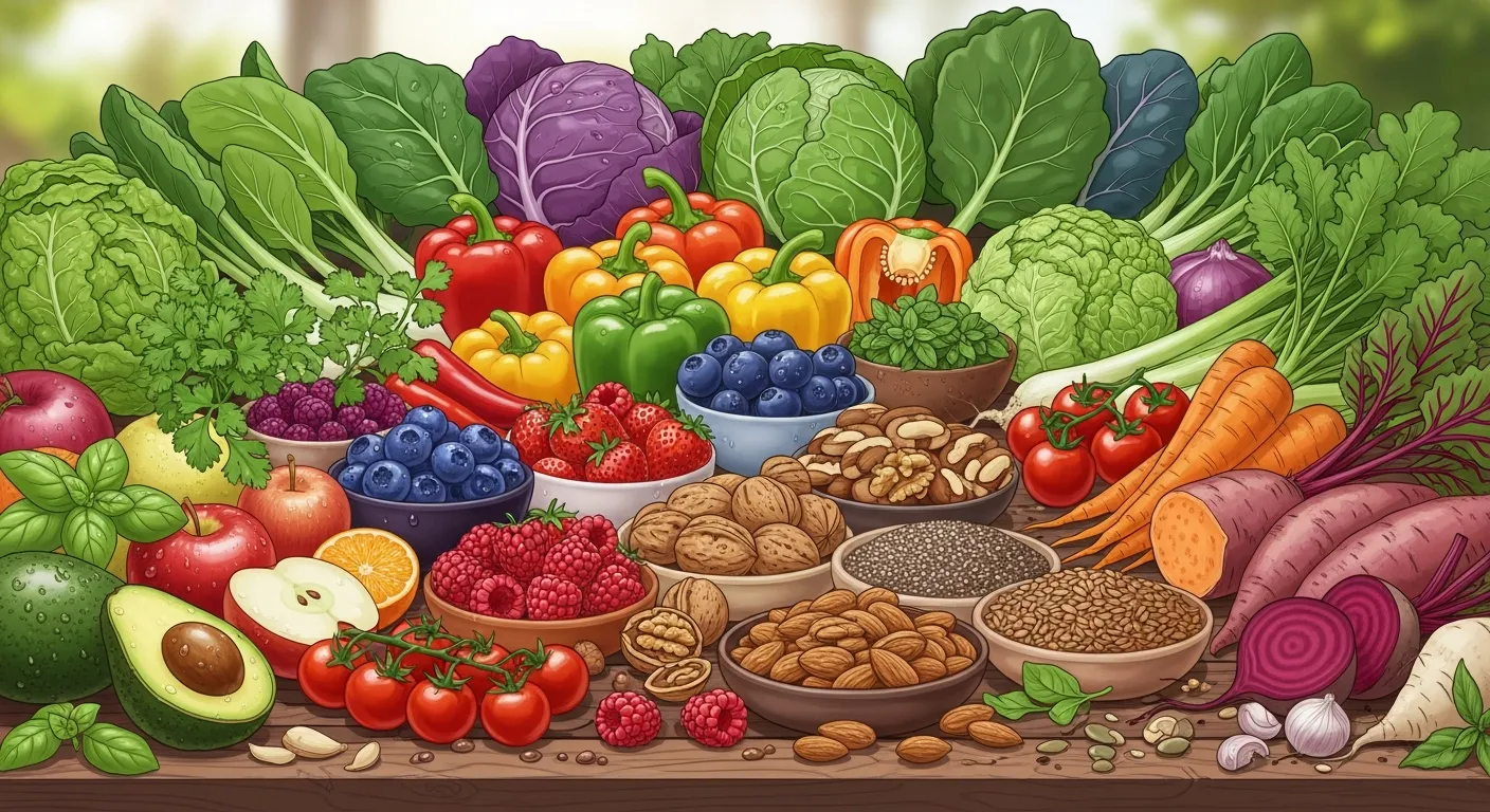 Fresh organic foods rich in nutrients and antioxidants, free from harmful pesticides and synthetic chemicals