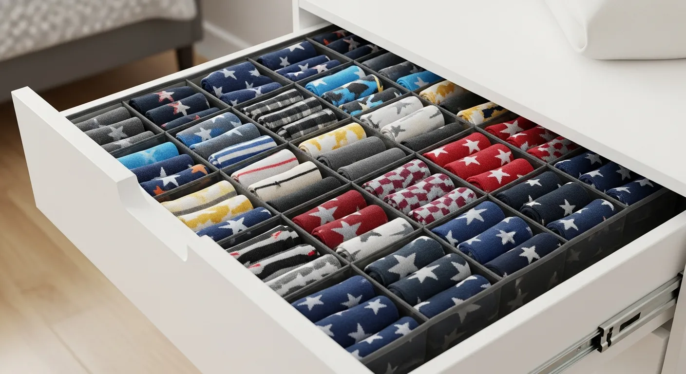 Neatly arranged socks in a drawer organizer with compartments, showing clean, organized, and space-saving sock storage system for daily use.