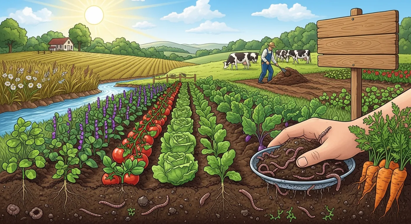 Organic farming practices showing certification standards, natural soil health management, and chemical-free sustainable agriculture