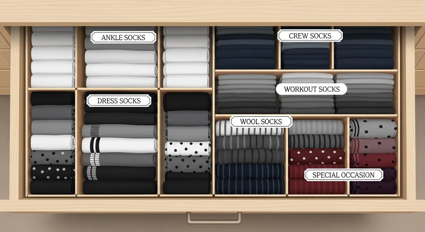 A neatly organized sock drawer with labeled compartments showing tidy and visually pleasing storage.