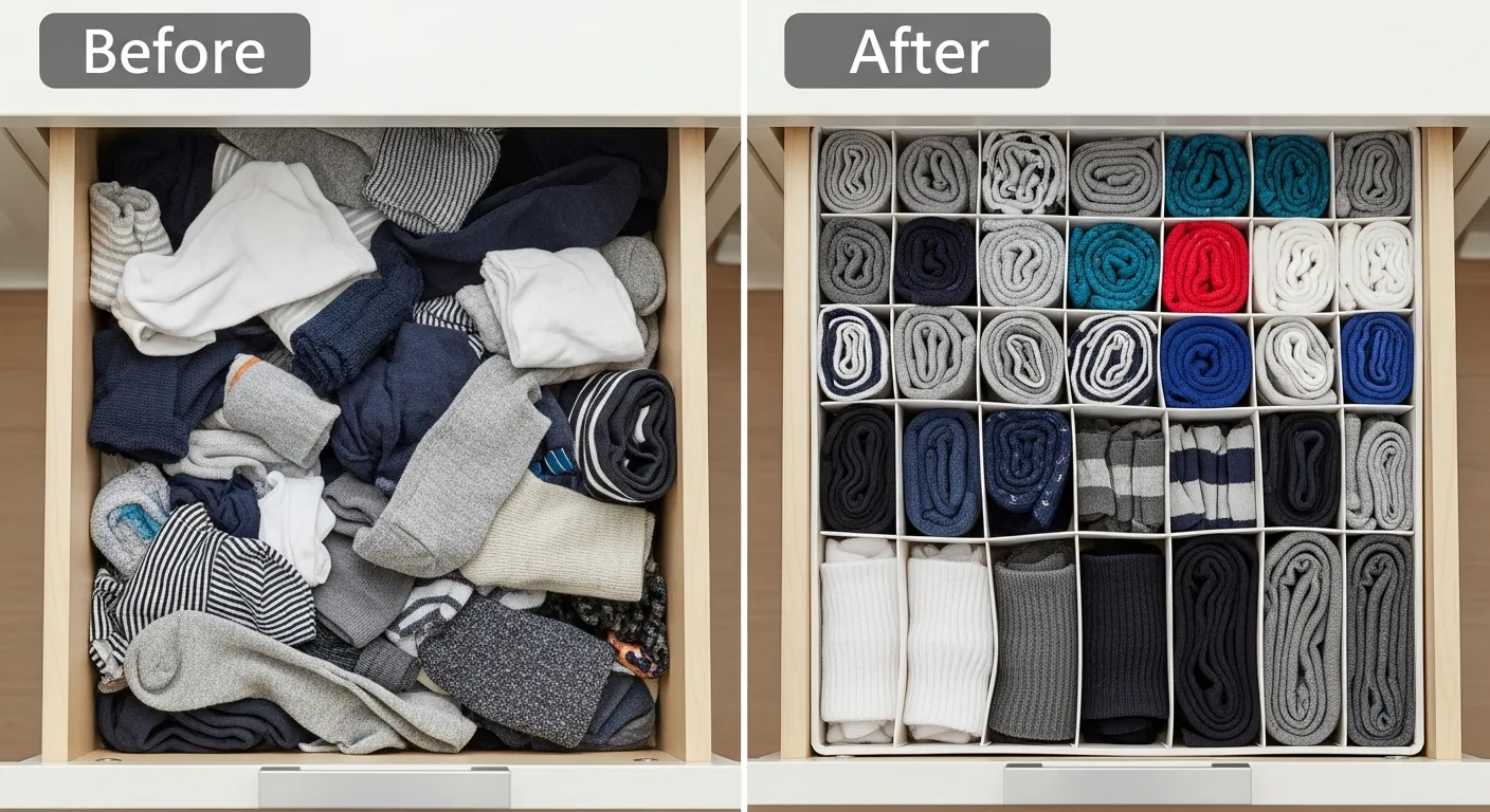Messy sock drawer being organized with dividers, showing before and after transformation using a sock organizer for better storage and easy access.
