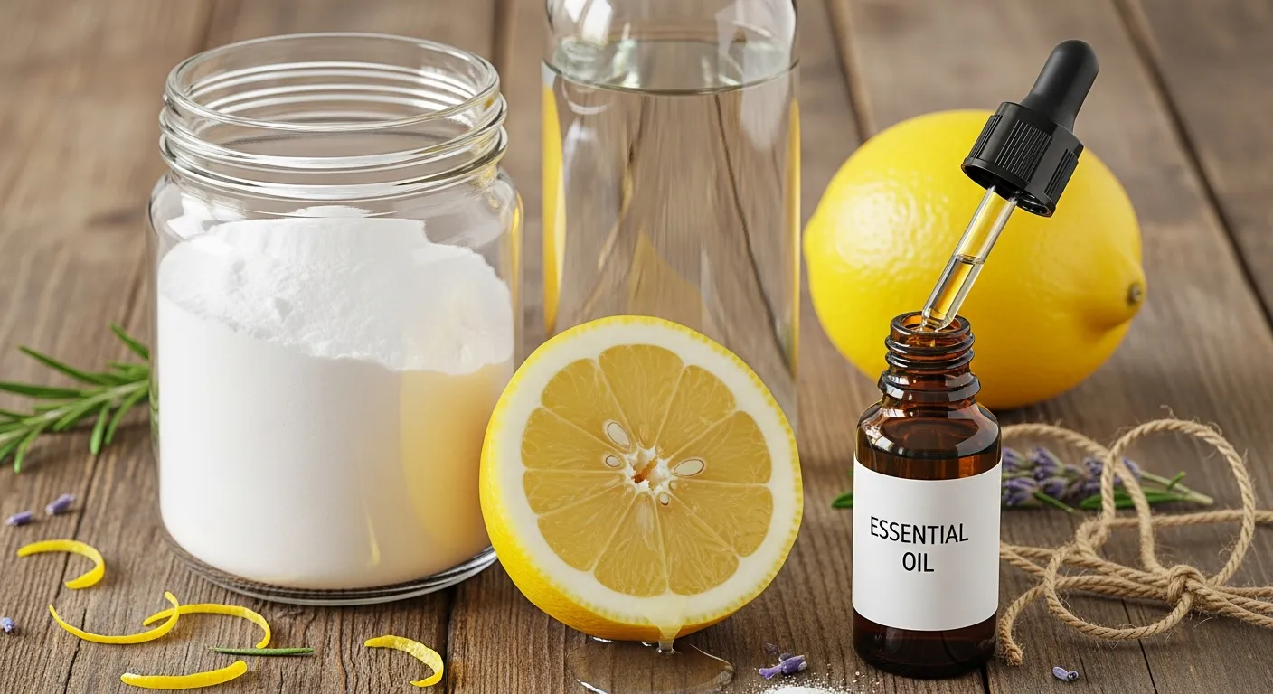 Close-up of baking soda, vinegar, lemon, and essential oils arranged as natural cleaning ingredients.