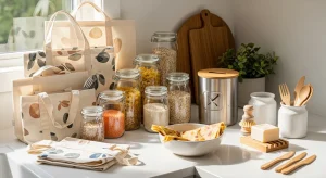 Zero-waste lifestyle setup with reusable bags, glass jars, compost bin, and eco-friendly kitchen products