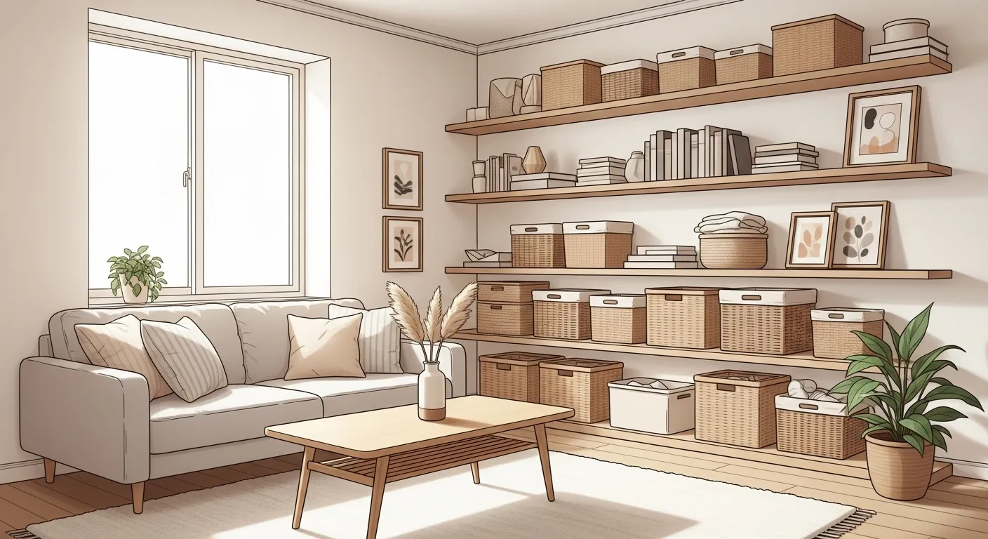 Neatly organized living room with storage baskets, clean shelves, and clutter-free surfaces.