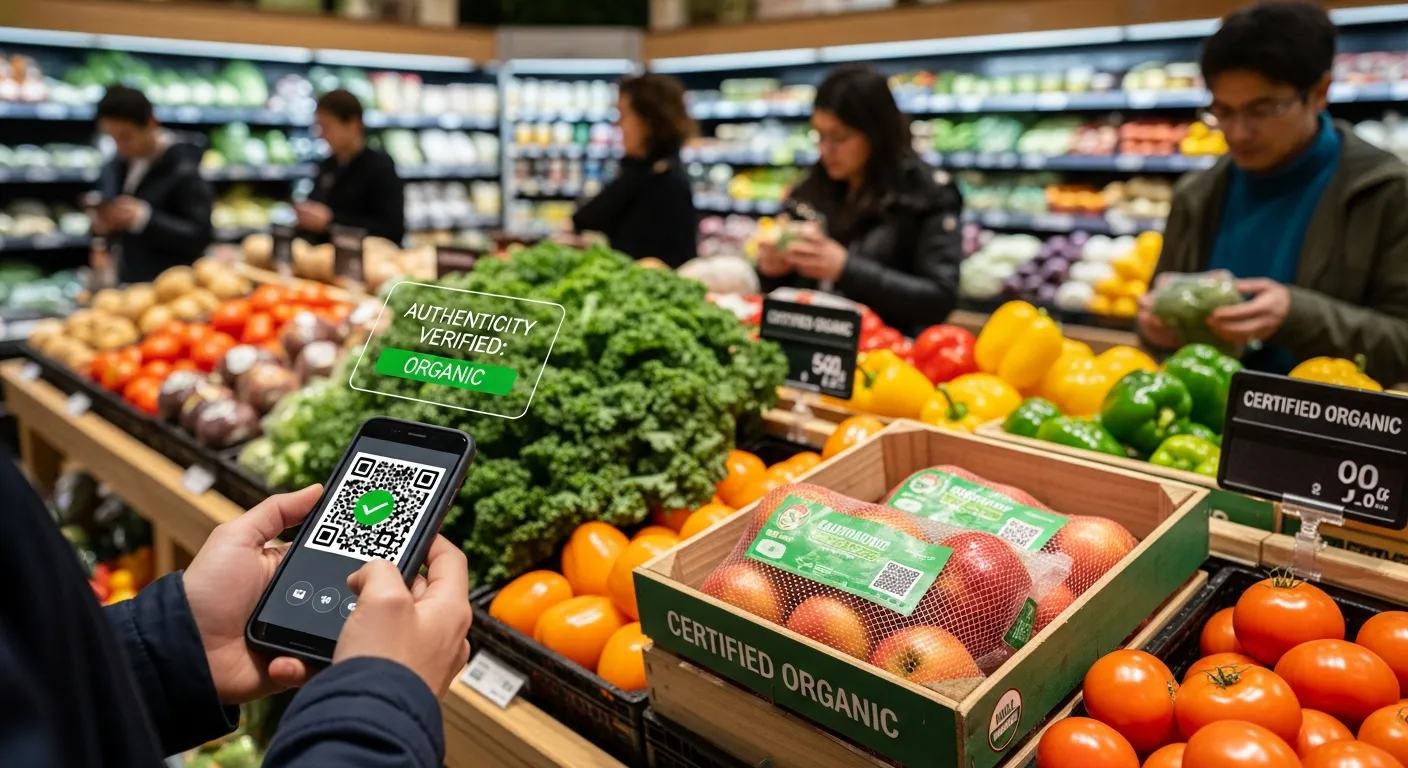 Grocery shopping scene showing organic food labels, certification logos, and a consumer checking ingredient lists for authentic organic products.