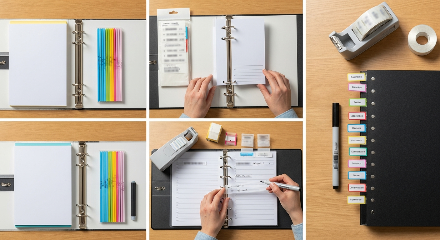 A step-by-step process of assembling a household organization binder with tabs, papers, and labels.