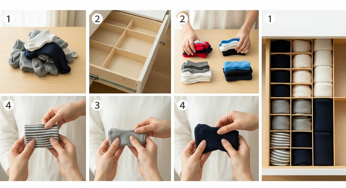 Step-by-step process of sorting, folding, and arranging socks neatly into organized drawer compartments.