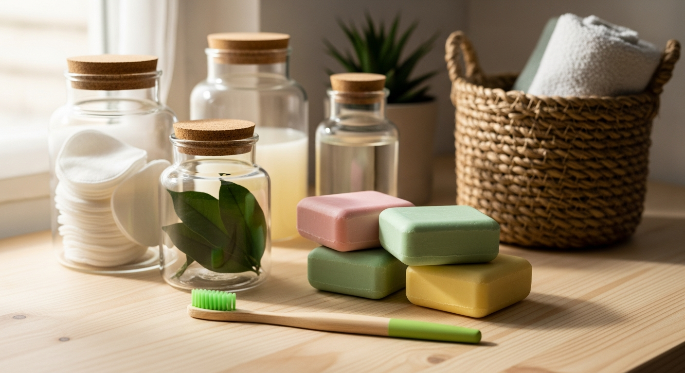 eco-friendly bathroom items including bamboo toothbrush, shampoo bars, and reusable containers