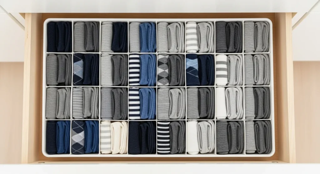 A well-organized drawer featuring a household essentials sock organizer with neatly paired socks in separate compartments, highlighting efficient storage, easy accessibility, and a tidy wardrobe system for everyday convenience.