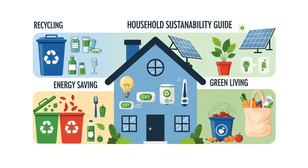 The Ultimate Guide to Household Sustainability Household sustainability guide showing eco-friendly home practices like recycling, energy saving, and green living