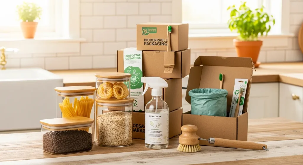 Eco-friendly household products like reusable containers, natural cleaning supplies, and biodegradable packaging arranged in a clean home setting, representing sustainable living and environmentally conscious choices.