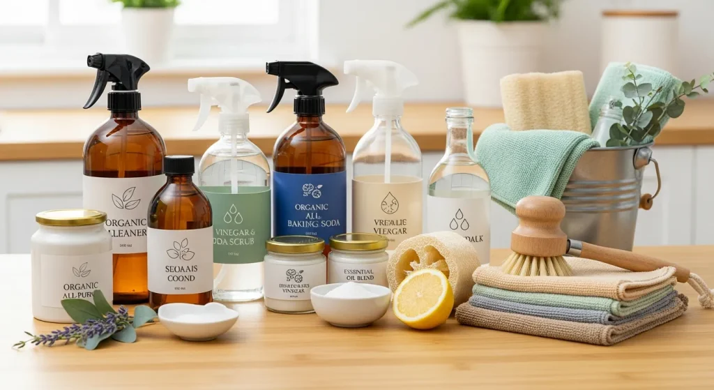 Eco-friendly cleaning setup with best organic household cleaners, reusable bottles, and natural ingredients highlighting a safe, sustainable home cleaning routine.