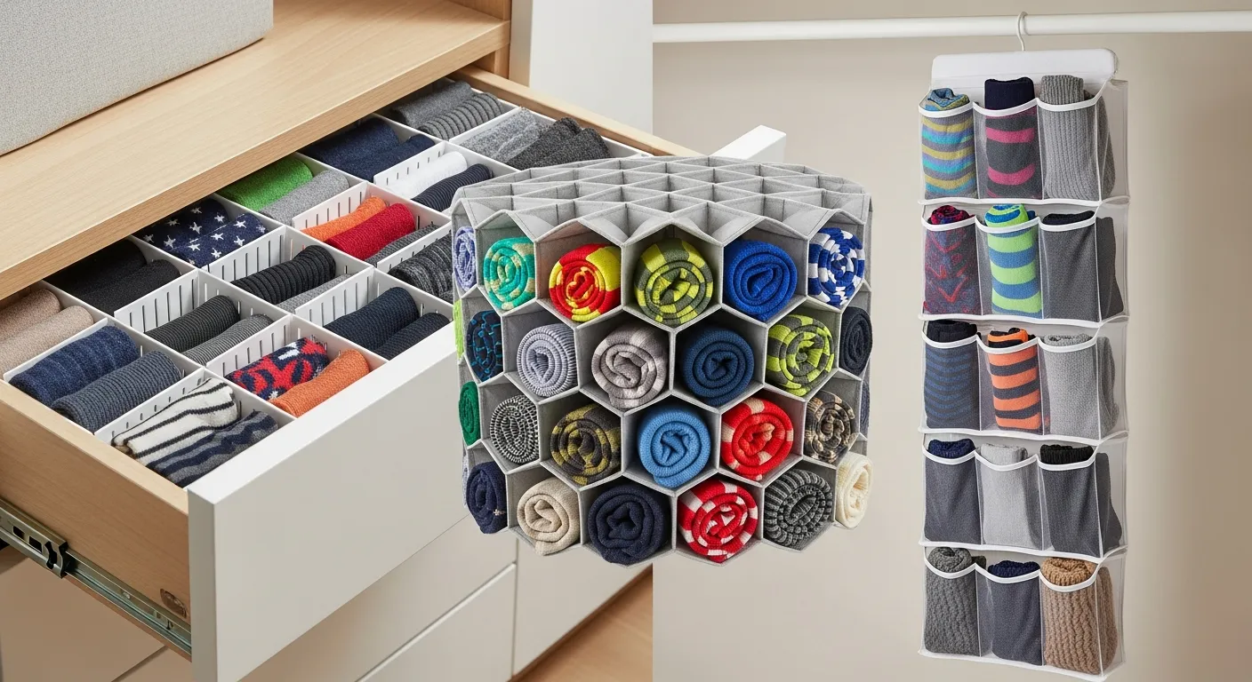Different types of sock organizers including drawer dividers, fabric grids, and hanging organizers used for efficient sock storage and closet organization.