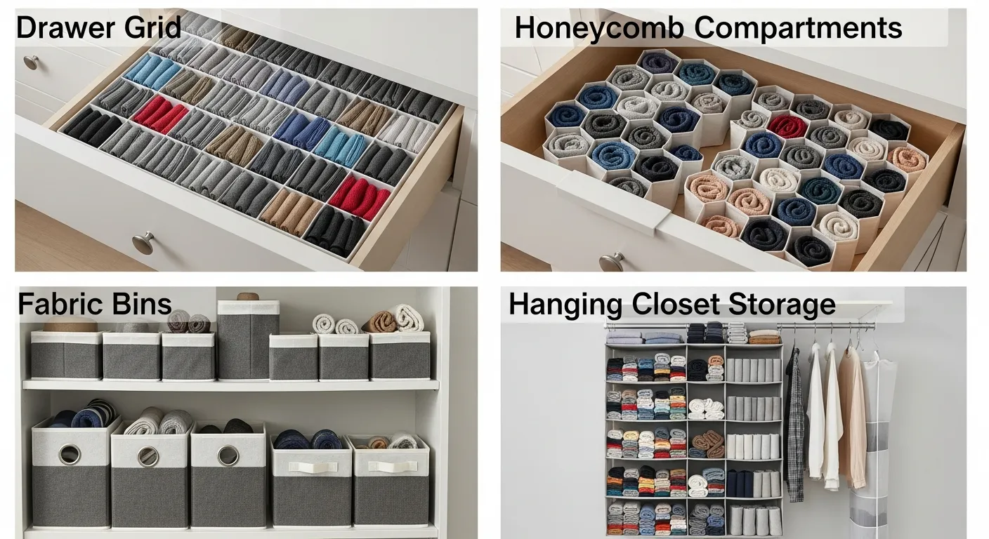 Different types of sock organizers including drawer grids, honeycomb compartments, fabric bins, and hanging closet storage.