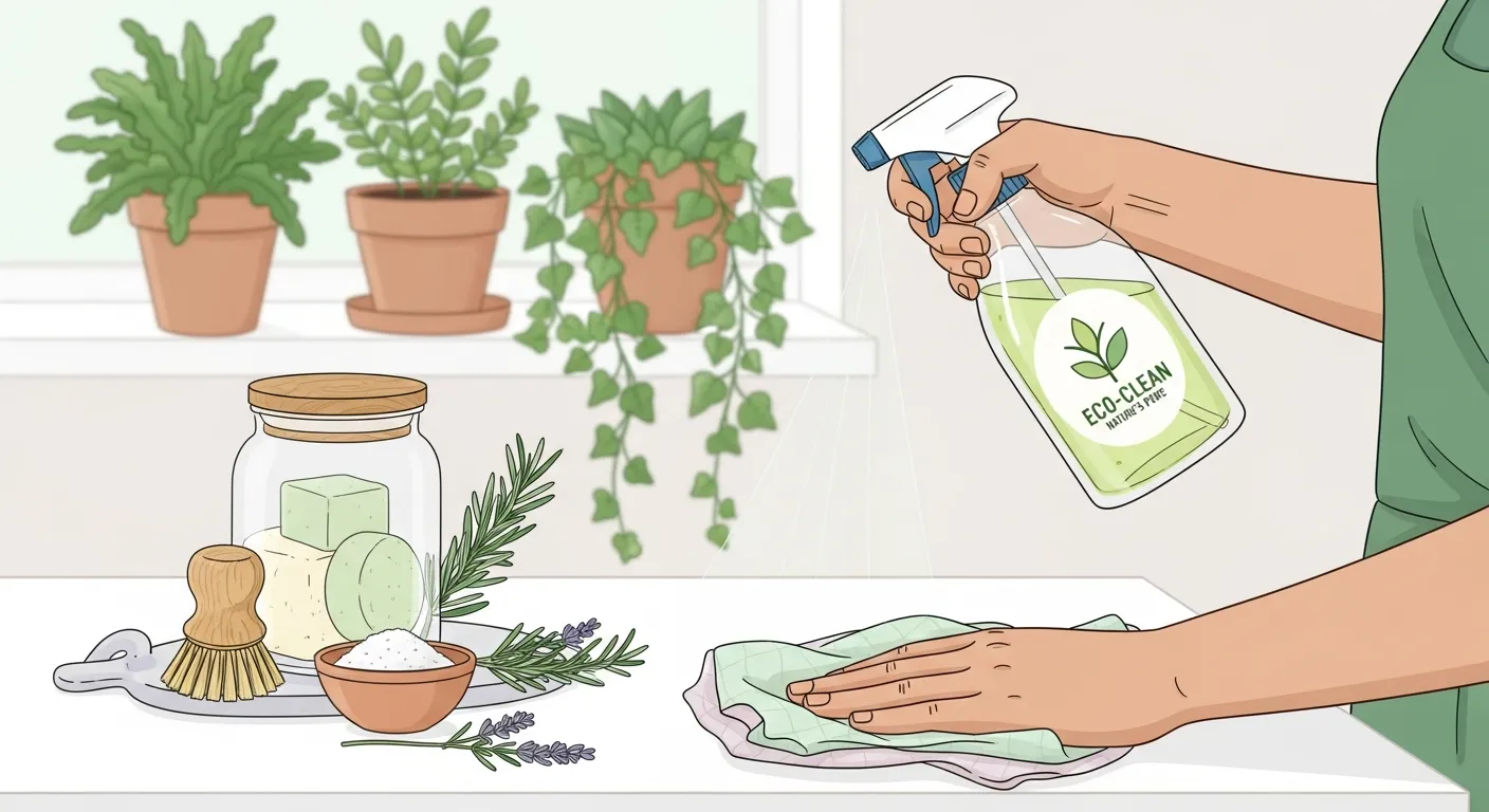 Person using natural cleaning spray on kitchen counter with eco-friendly products and green plants in the background.