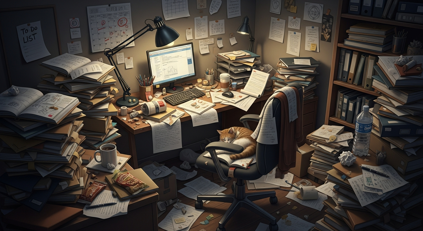 A cluttered home with scattered papers causing stress and highlighting the need for better organization.