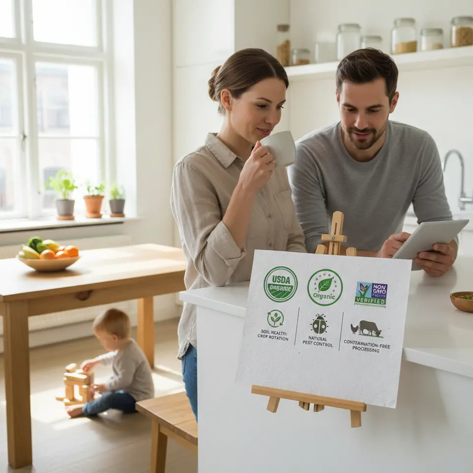 A clean infographic displaying major organic certification seals—USDA Organic, EU Organic, Non-GMO Project—paired with simple icon-based visuals for key criteria: soil health (crop rotation icon), natural pest control (ladybug icon), animal welfare (grazing animal icon), and contamination-free processing (shield icon).