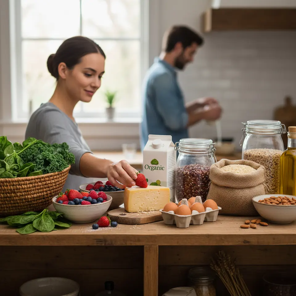 A vibrant pantry shelf scene showcasing the top five organic products categories: fresh leafy greens (spinach, kale), colorful berries (strawberries, blueberries, raspberries), dairy and eggs (milk carton, cheese wheel, eggs), whole grains and legumes (quinoa, brown rice, lentils), and nuts/seeds/oils (almonds, chia seeds, olive oil bottle) arranged attractively.