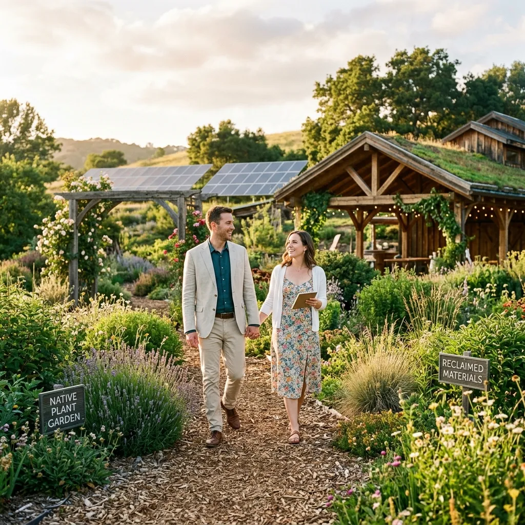 Outdoor eco-friendly wedding ceremony in a botanical garden with natural greenery, wooden chairs, and sustainable wedding decorations.