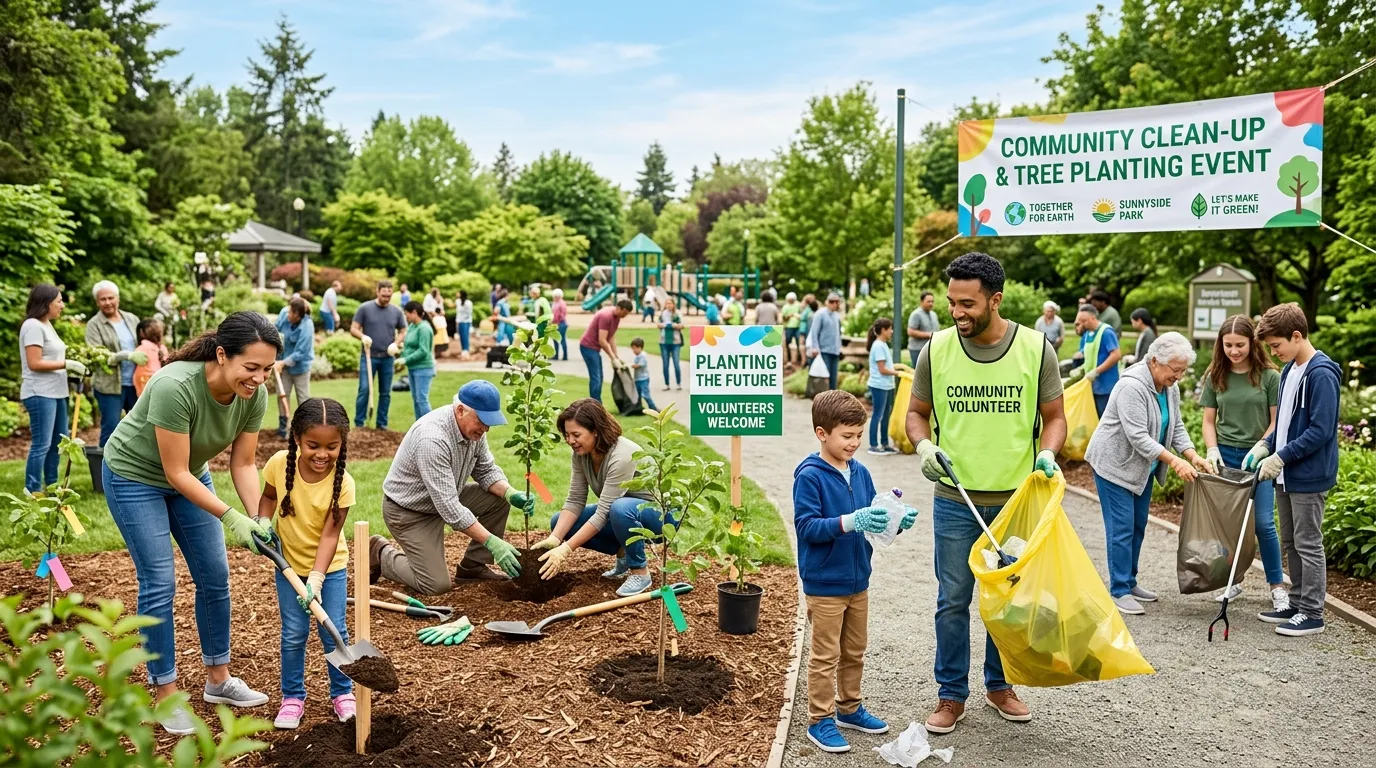 Volunteers participating in a neighborhood clean-up drive and planting trees together in a green park as part of World Environment Day activities.