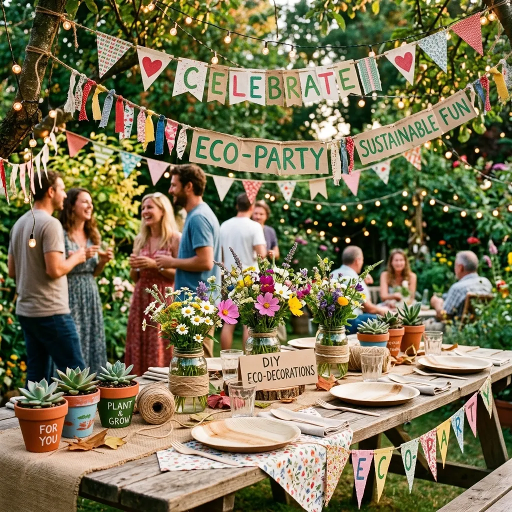 Handmade sustainable party decorations created from recycled paper, fabric scraps, and glass jars