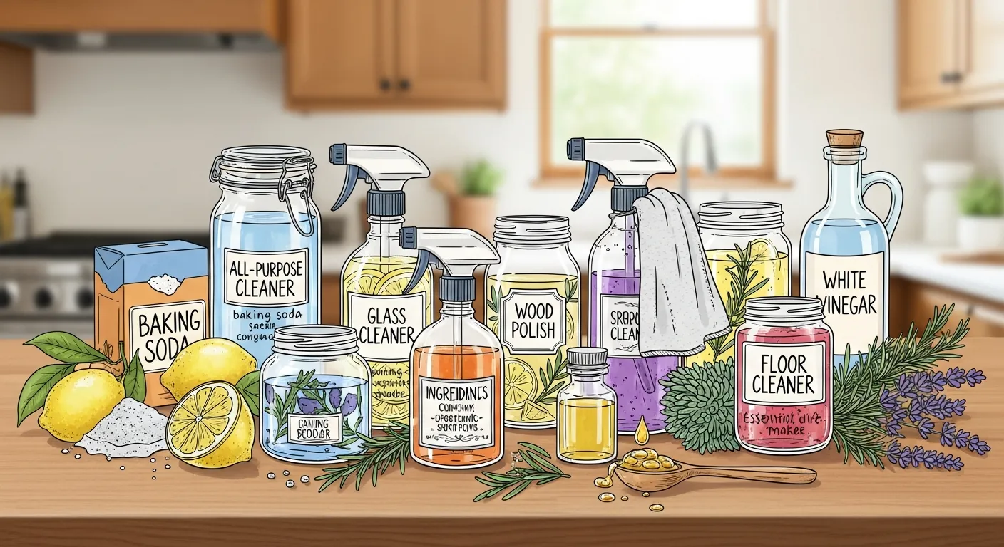Homemade natural cleaning products made with vinegar, baking soda, and essential oils in reusable containers.