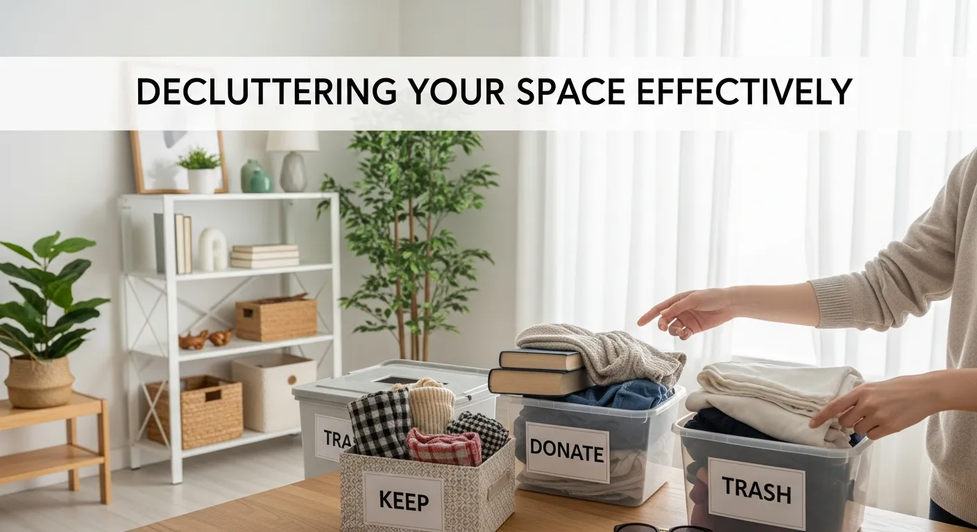 Person sorting household items into labeled boxes for keep, donate, trash, and relocate during a home decluttering session