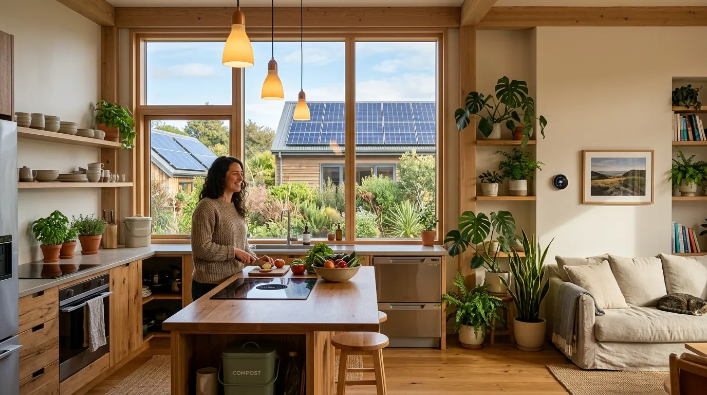 A modern home showing energy-saving habits like LED lighting, unplugged devices, water conservation, and eco-friendly cleaning products in a clean sustainable environment.