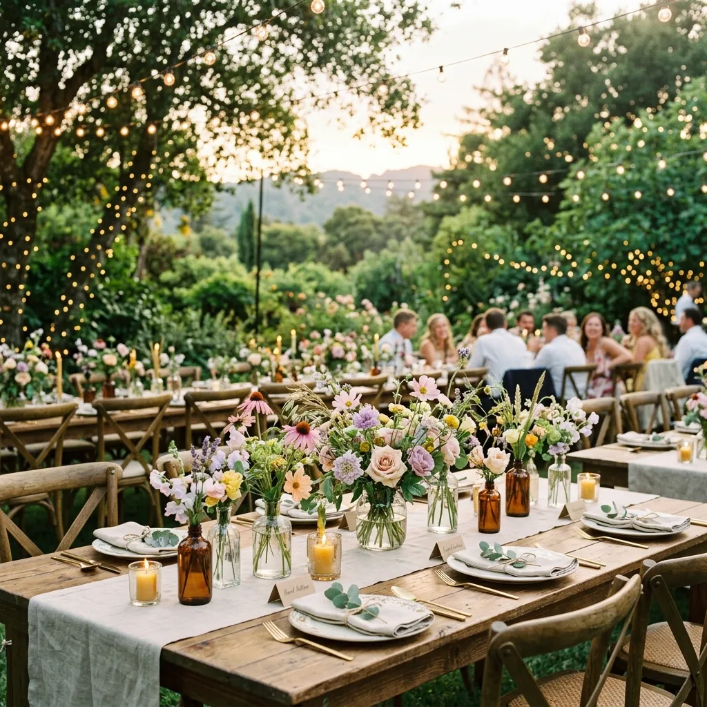 Rustic wedding table setup with reusable decor, local flowers, candles, and sustainable tableware for a green wedding celebration.