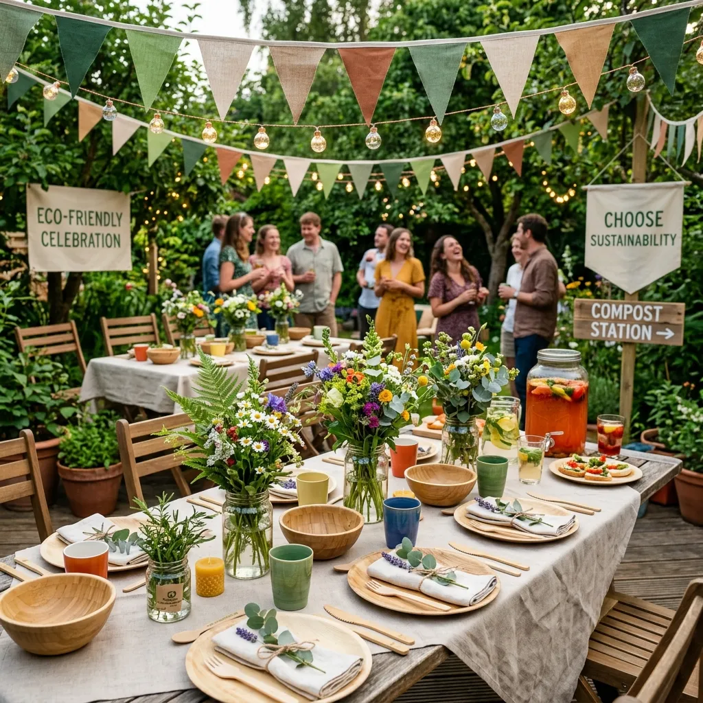 Stylish eco-friendly party setup featuring bamboo plates, cloth napkins, LED lights, and potted plants