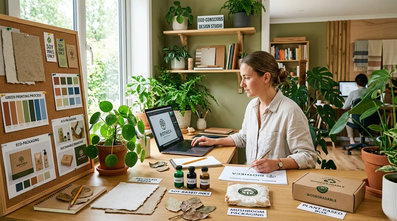 Designer creating environmentally friendly business cards with soy-based inks and recycled paper materials in a modern print studio.