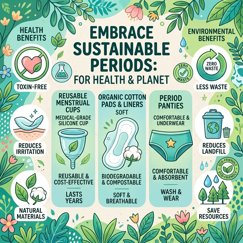 Woman holding reusable and biodegradable sanitary pads with green eco-friendly elements