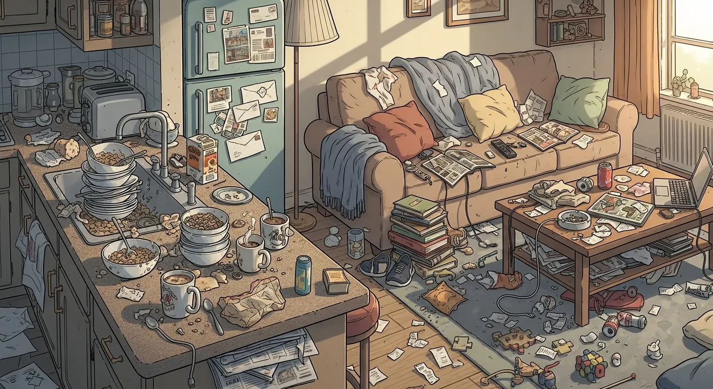 Cluttered kitchen counter and messy living space with scattered items showing common home organization problems