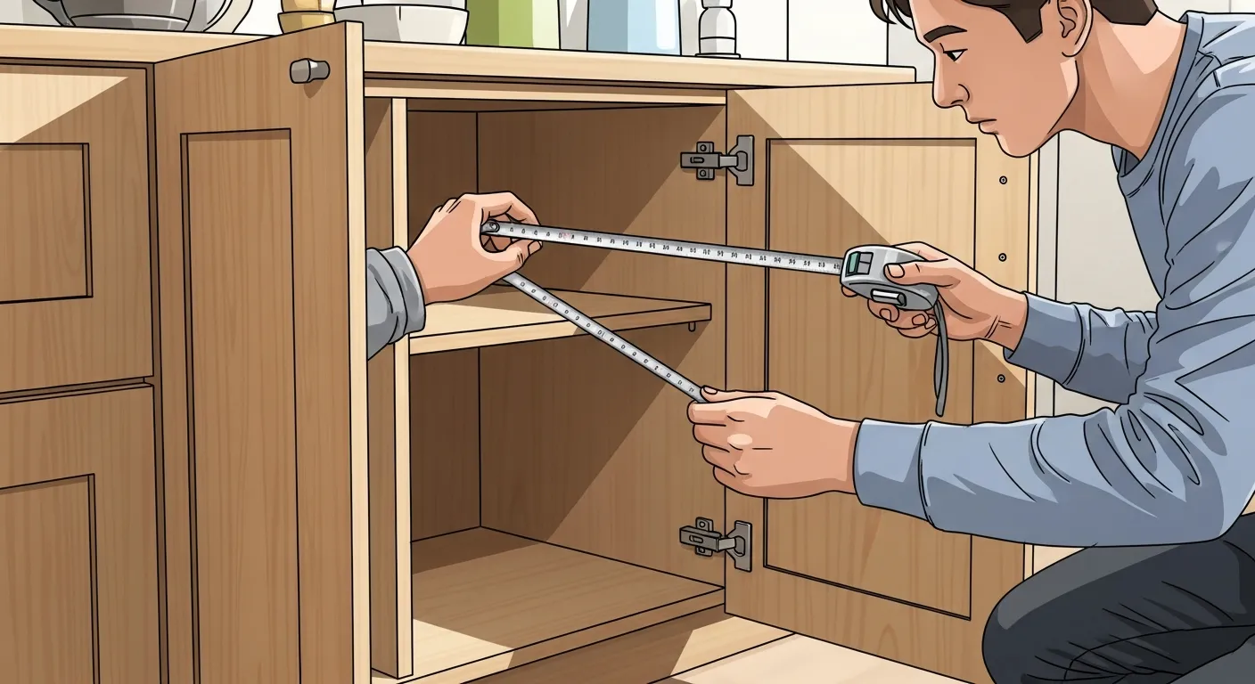 Person using a measuring tape inside a cabinet to ensure proper fit for storage organizers before purchasing online