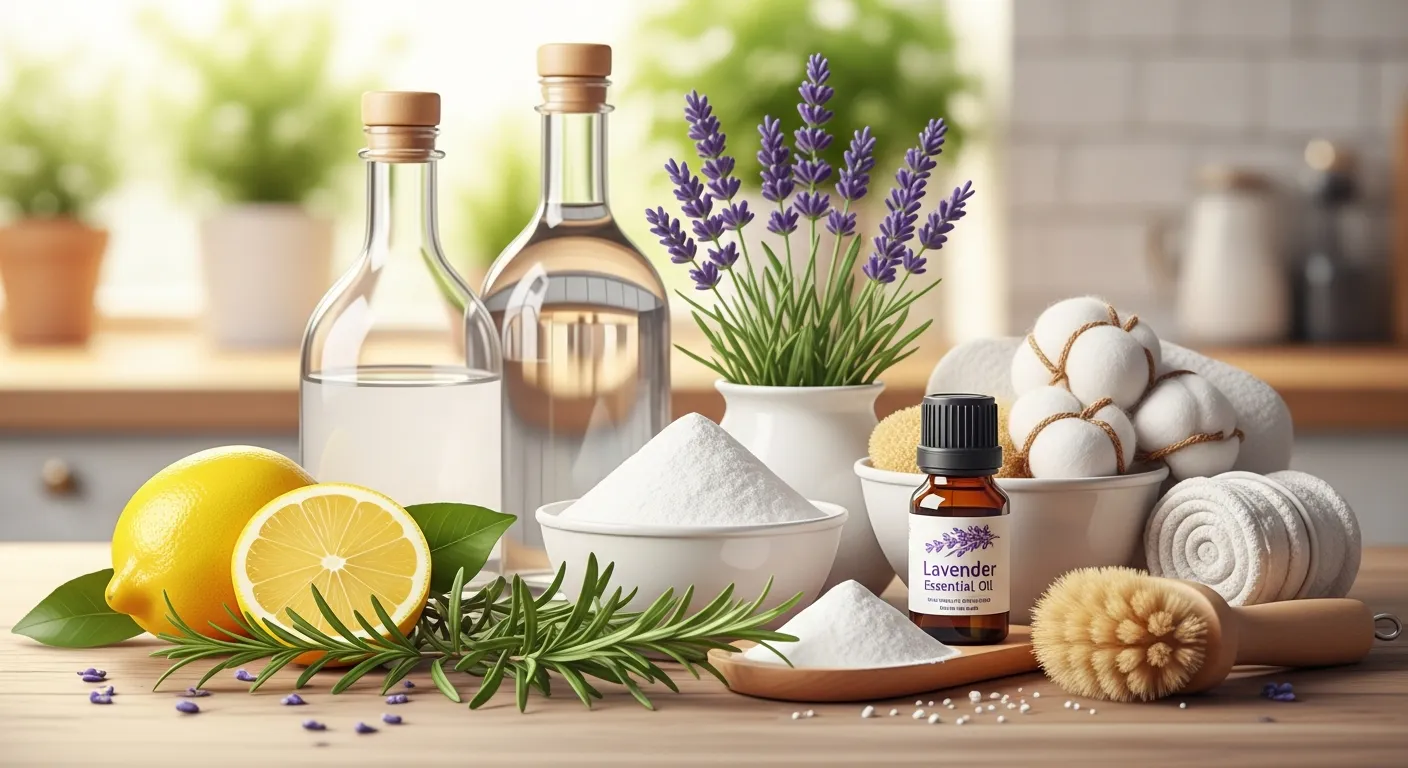 Plant-based cleaning ingredients like lemon, baking soda, and essential oils used in eco-friendly household products.