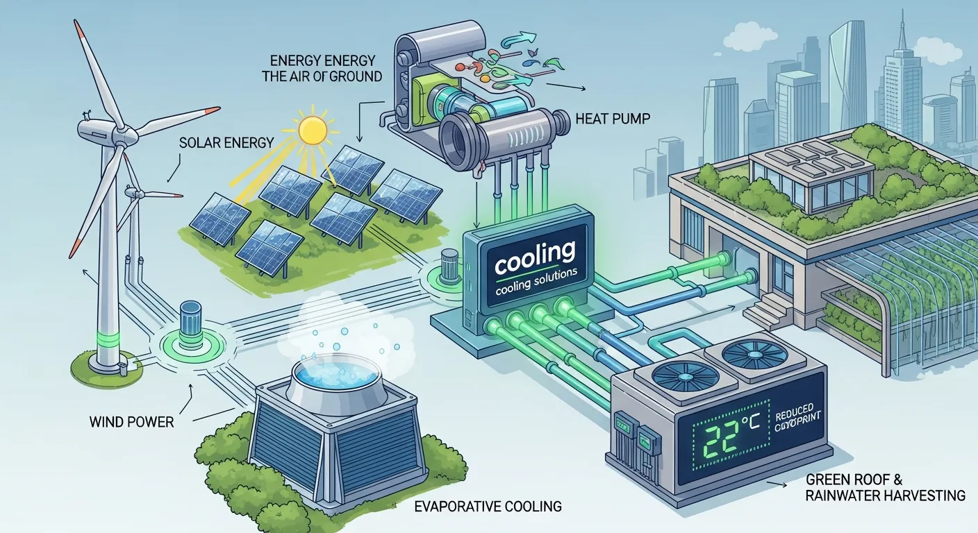 Solar-powered air conditioning unit installed on a house rooftop with solar panels generating clean energy