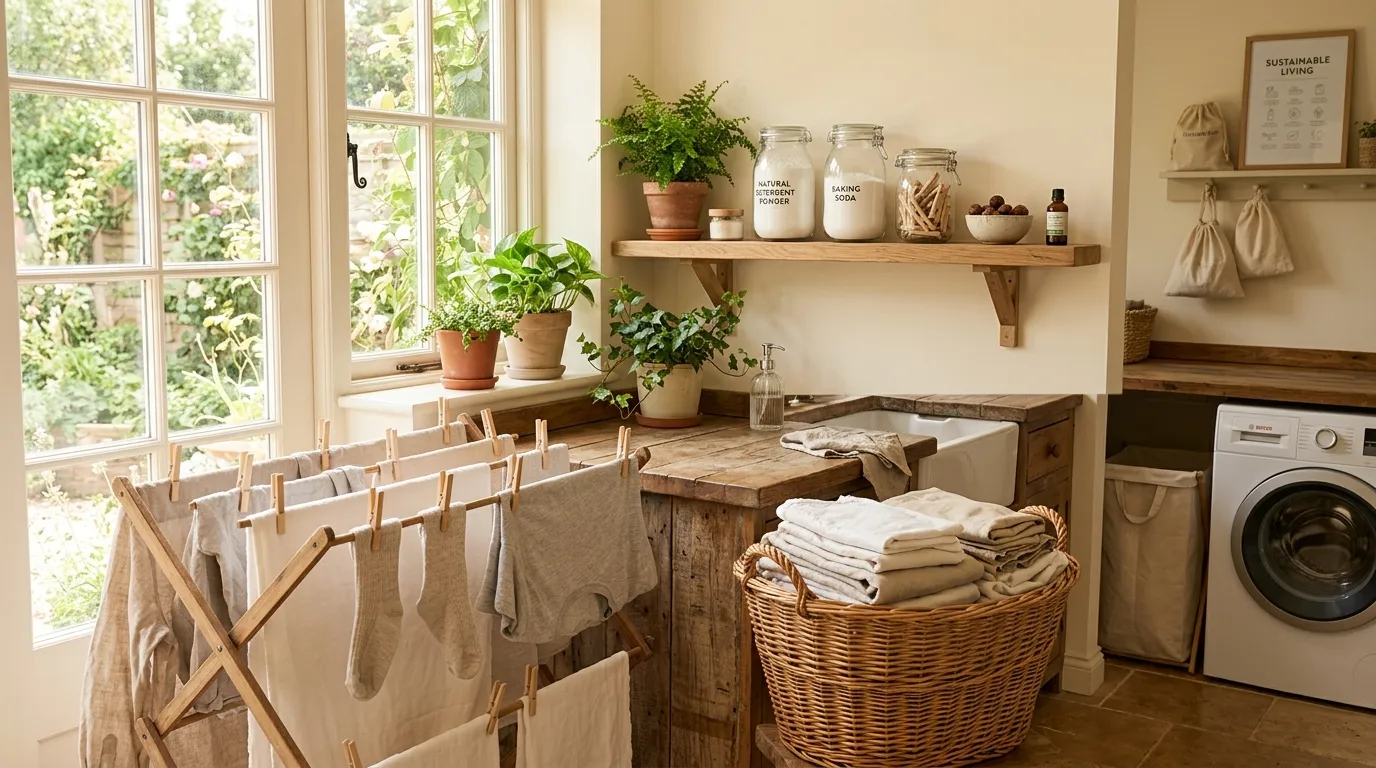 Fresh clothes hanging outdoors on a clothesline under sunlight beside reusable laundry containers and wool dryer balls.