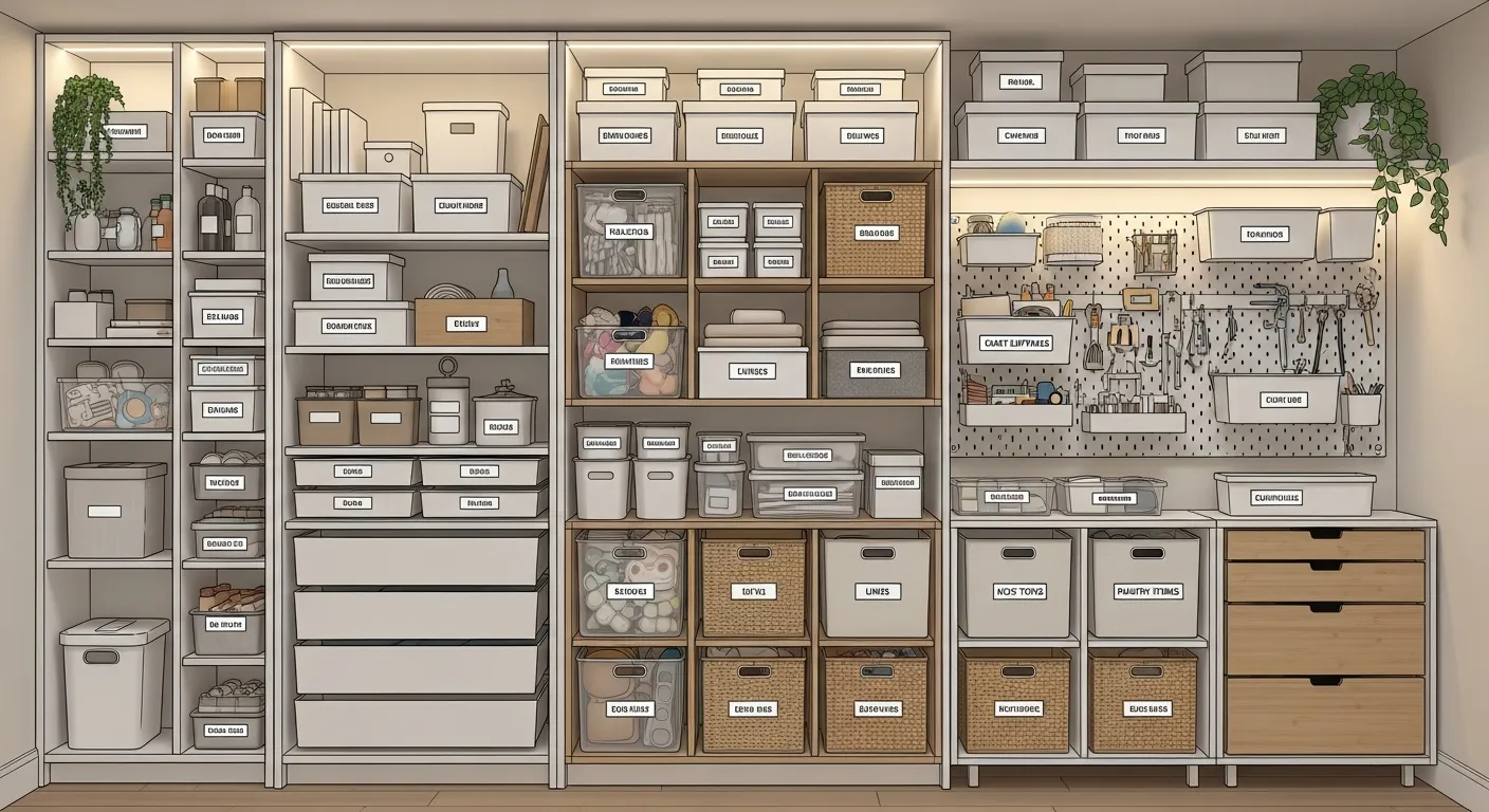 Neatly organized home interior with labeled storage bins, shelves, and containers arranged for maximum space efficiency