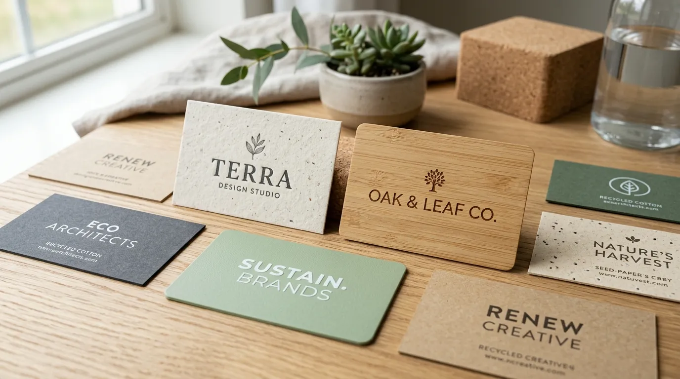 Eco-friendly business cards made from recycled paper, bamboo, cotton, and seed paper displayed on a wooden desk.