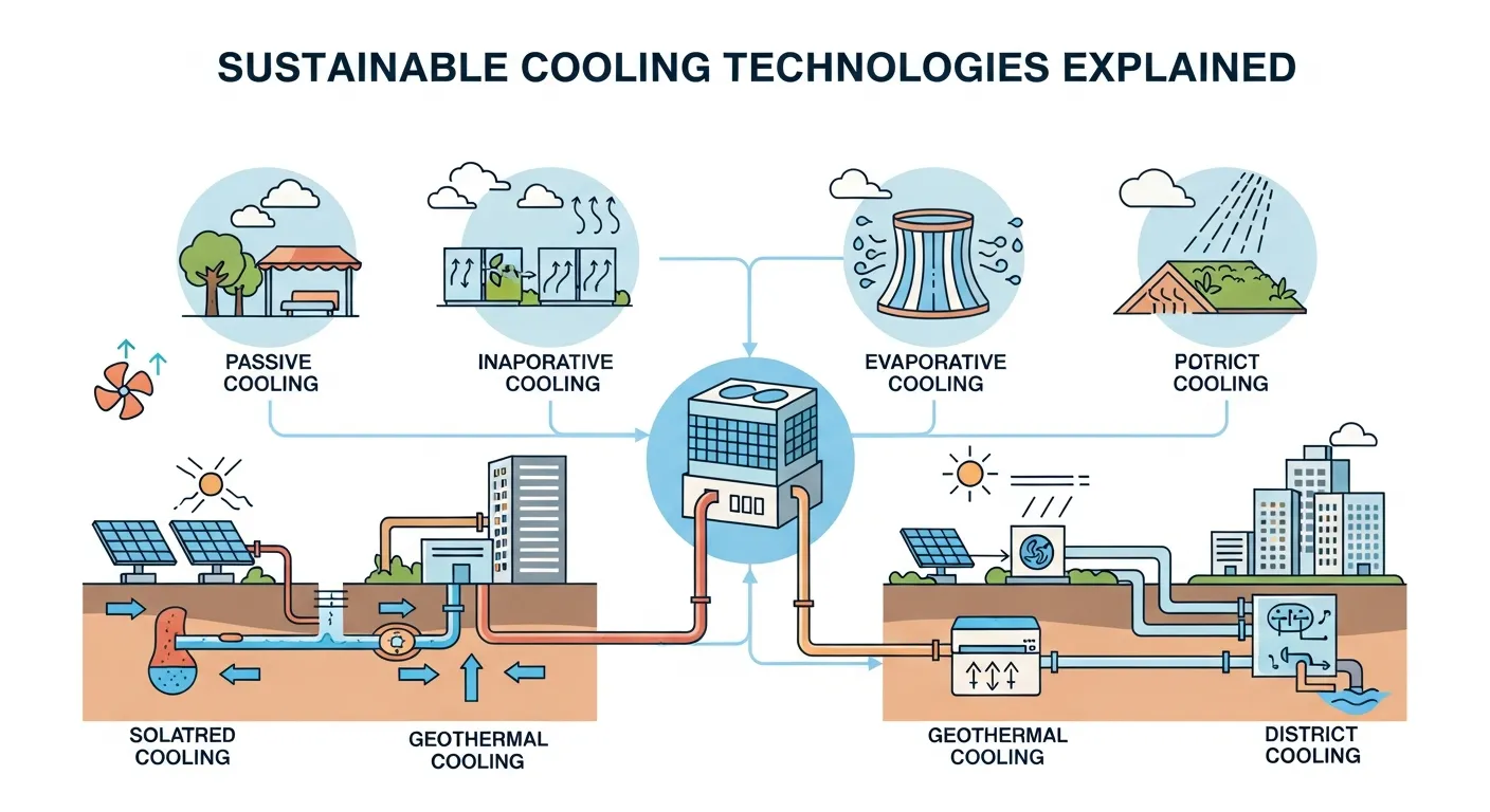 Modern diagram showing inverter, solar, geothermal, and evaporative air conditioning systems used for eco-friendly cooling solutions